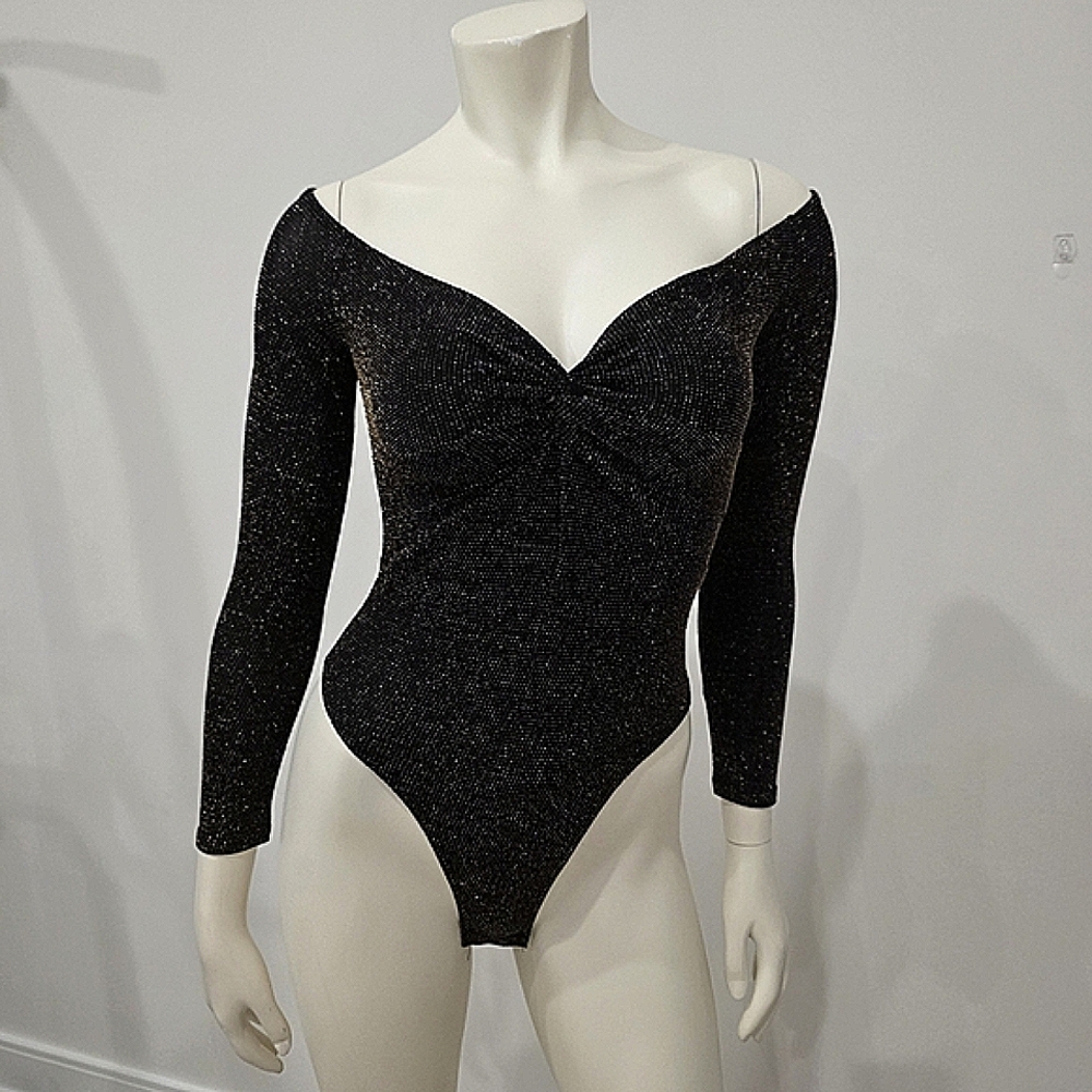 NWT Boohoo Petite Glitter Knot Front Bardot Bodysuit US 4